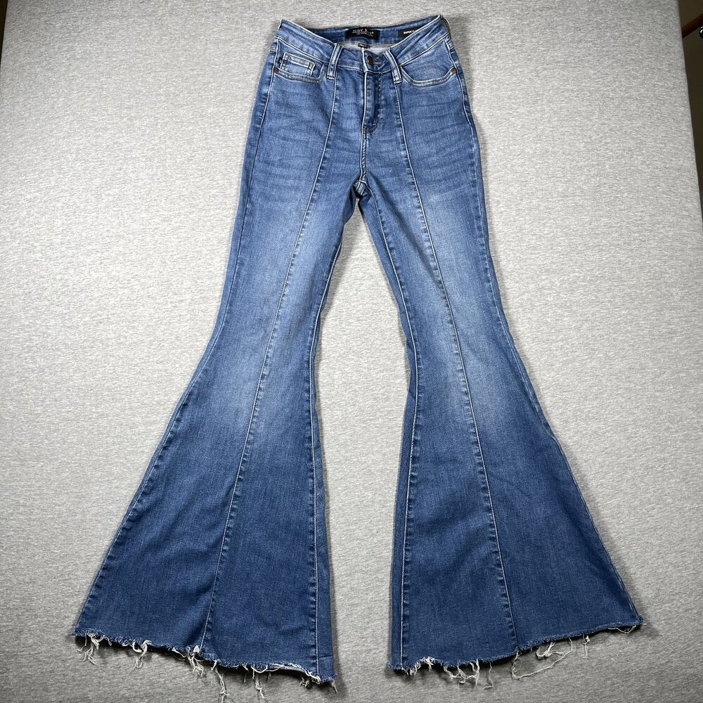 Judy Blue Super Flare Jeans Womens 0/24 Blue Denim Slim Distressed Frayed